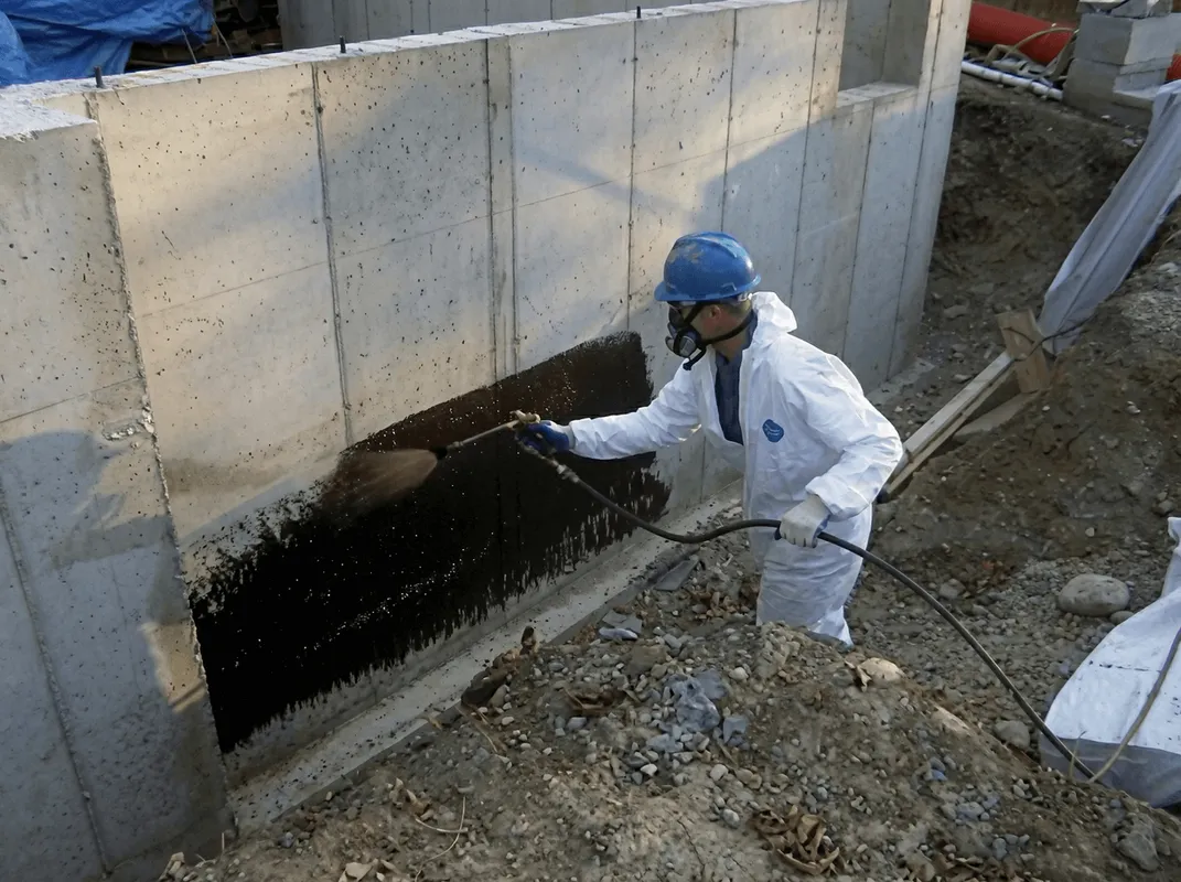 Professional waterproofing the exterior walls of the basement in Milwaukee, WI